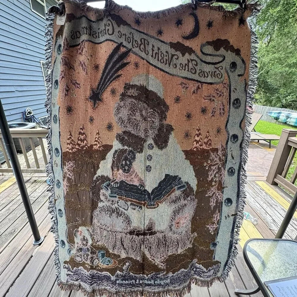 Vtg Boyds Bears Night Before Christmas Teddy Woven Throw Blanket Tapestry
